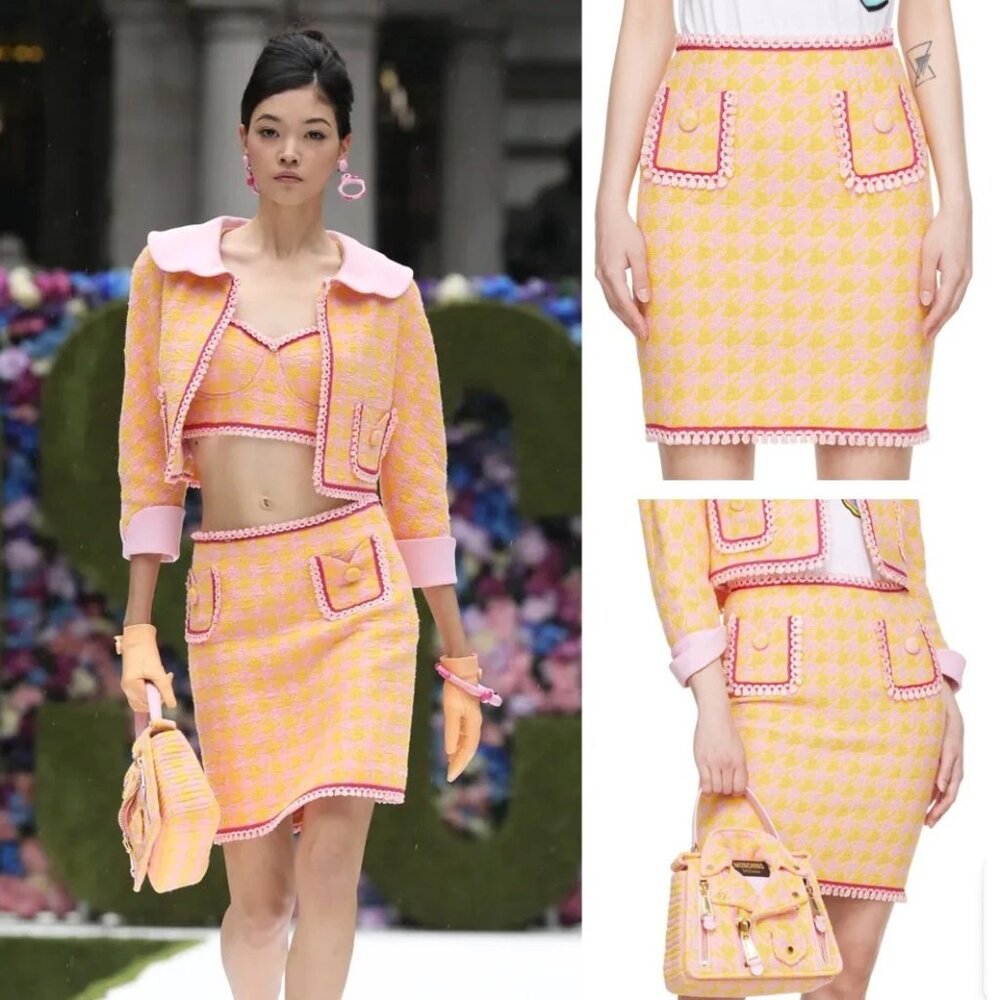 Moschino Couture PINK ORANGE TWEED Houndstooth Mini Skirt LACE USA 6 NWT $915